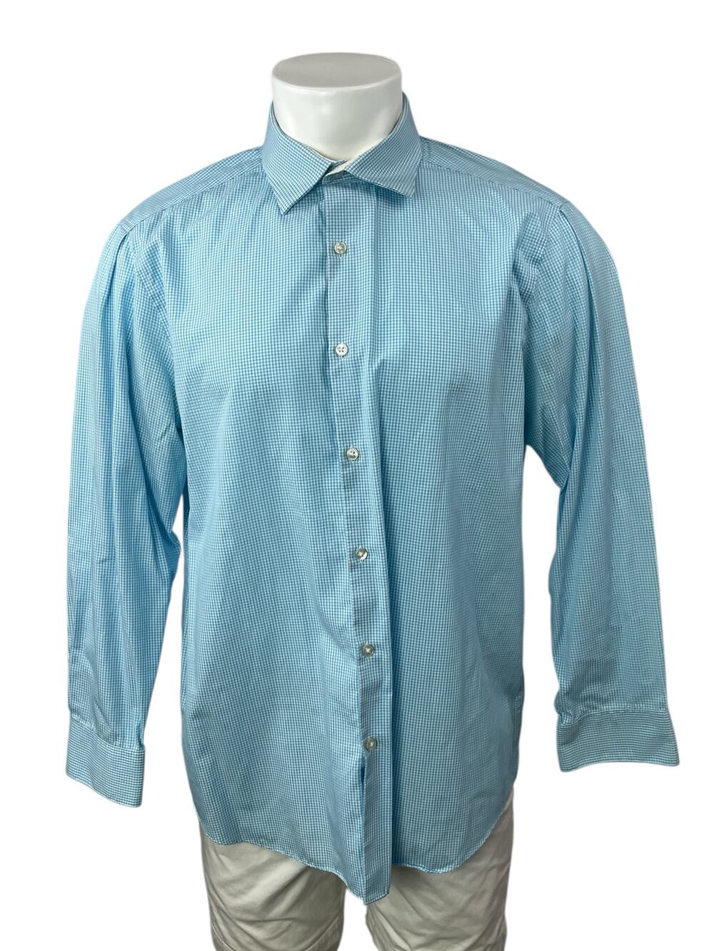 Perry Ellis Men's Blue Checkered Slim Long Sleeve Button Down Shirt Top 16 1/2
